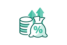 icon-advantage-v3 Icon showing a stack of coins and a money bag with a percent symbol, with upward arrows indicating financial growth or increased interest.